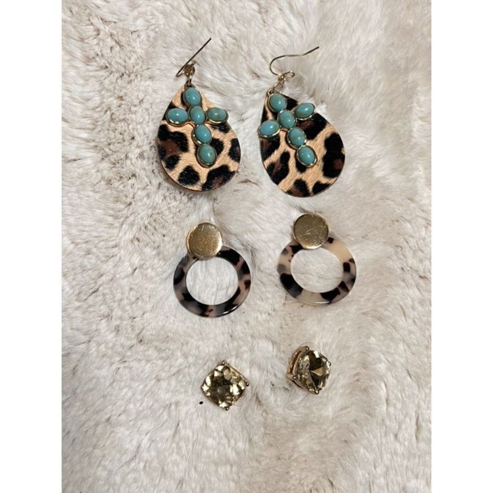 Earring Lot of 3 Pair Fashion Earrings Tortoise, Leopard and Rhinestone